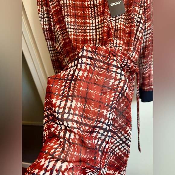 DKNY Dress NWT in Red, White and Navy with Tie Front and Long Sleeves - Picture 5 of 8